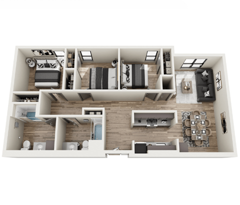 Floor plan for 3 beds, 2 baths, 1015 sqft
